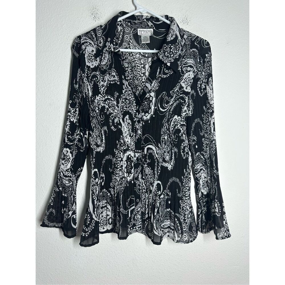 Bethany Women’s Bohemian Blouse Button Up Sheer Black White Vneck Sz XXL